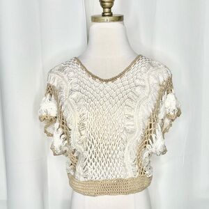 IVORY & TAN CROCHET CROP SWIM TOP COVER BB
